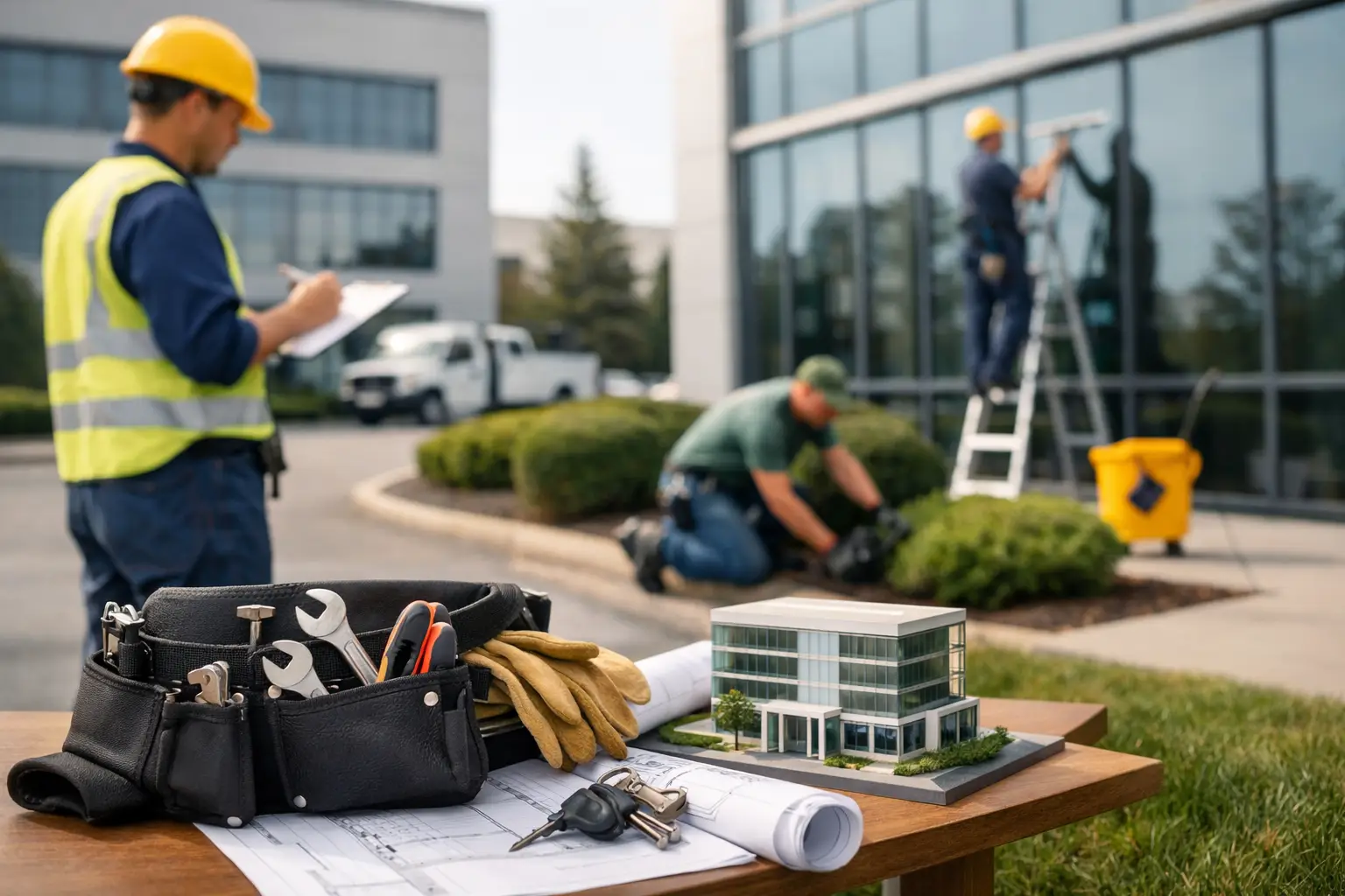 Commercial property maintenance technician inspecting building systems